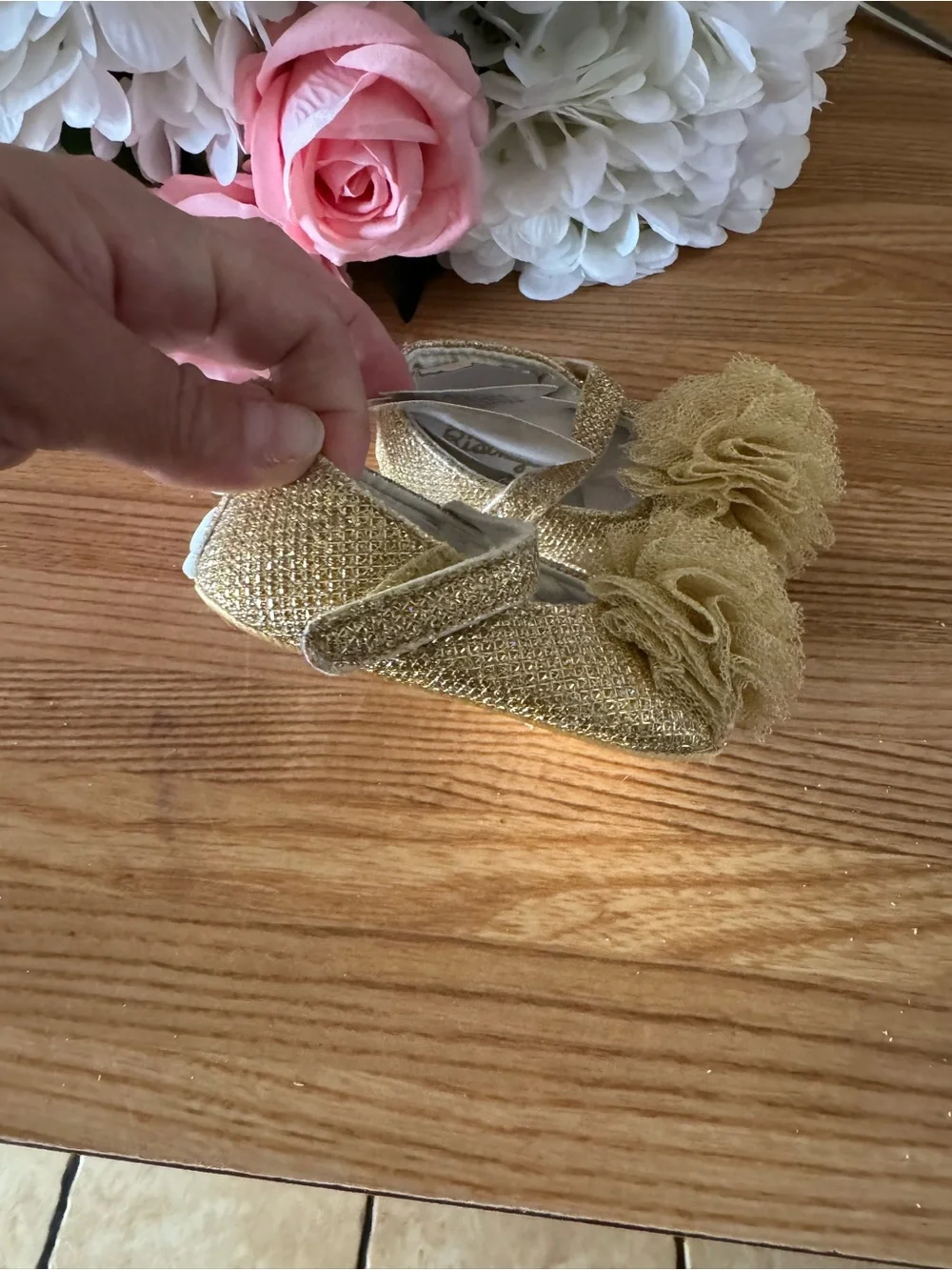 Rising Star Gold Glitter Baby Pom Pom Mary Jane Shoes